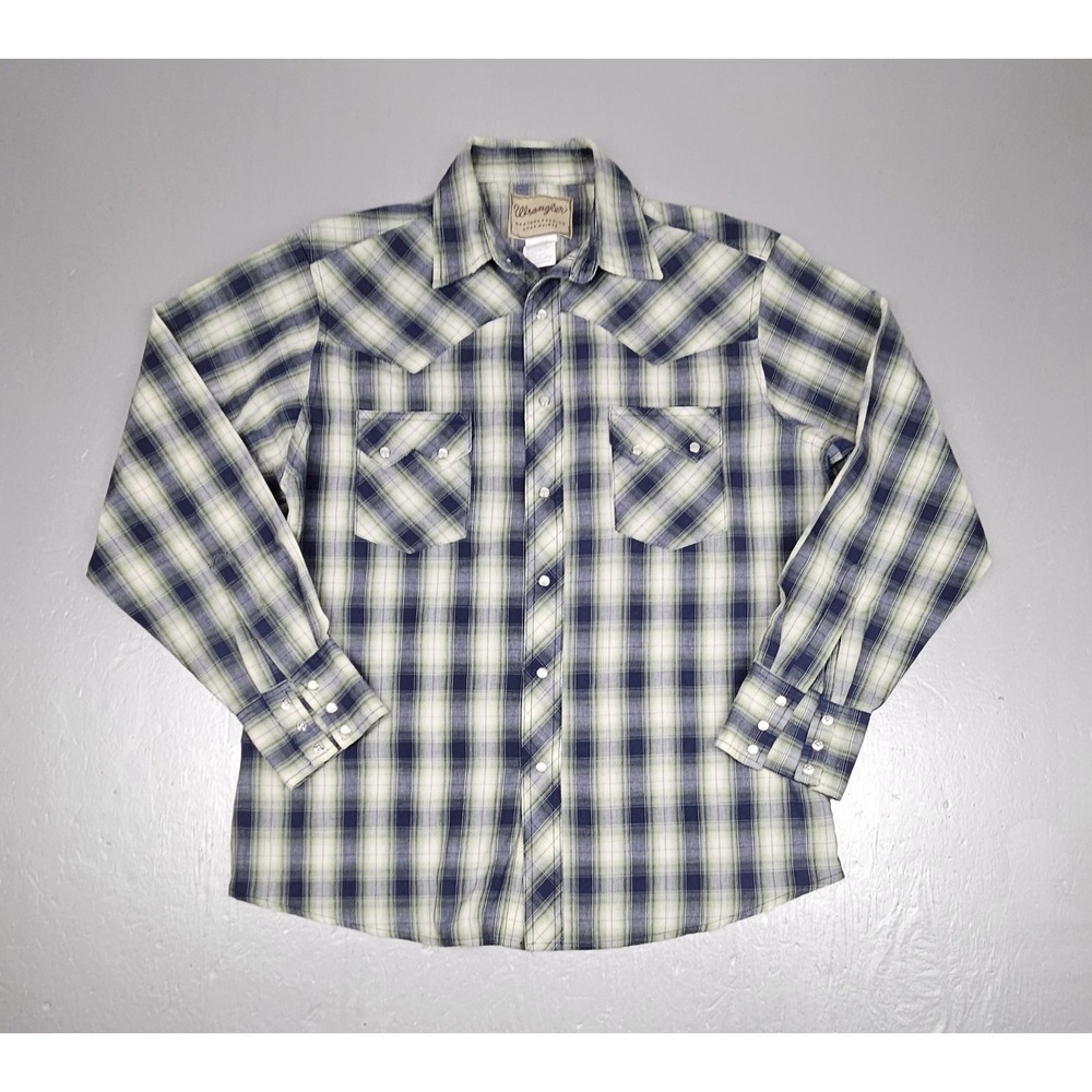 Vintage Wrangler Pearl Snap Button Up Shirt Mens Large Plaid Sawtooth Blue Green